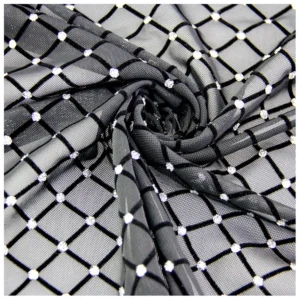 Hot Women Black Lace Dress Fabric Nylon Tulle Flocking Stretch Mesh Fabric - Spandex, Polyester, Nylon, 100 gsm, 57, 58"...
