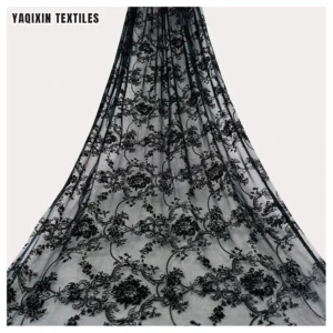 In Stock Polyester Spandex Flocked Floral Mesh Lace Fabric in Black 4 Way Stretch Power Mesh Net Fabric for Dress - Spandex...