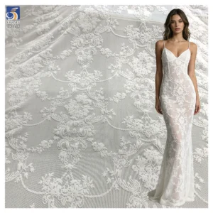 In Stock Polyester Spandex Flocked Floral Mesh Lace Fabric in Black 4 Way Stretch Power Mesh Net Fabric for Dress - Spandex...