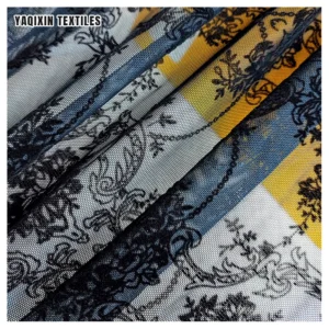 In Stock Polyester Spandex Flocked Floral Mesh Lace Fabric in Black 4 Way Stretch Power Mesh Net Fabric for Dress - Spandex...