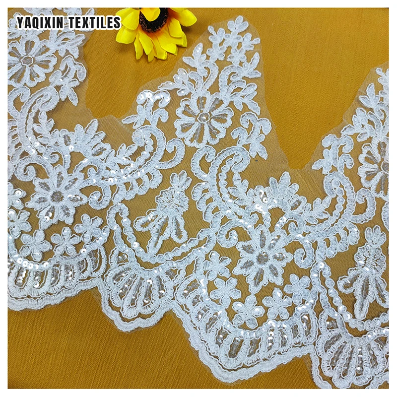 KFE005 2025 New Arrival African Nigerian Lace Trim for Bridal Wedding 28cm Sequins Lace Trim Textile - 100% Polyester, 28...