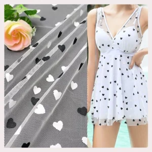 KT005 Black and White Two-Color Digital Printing Heart on 100%Polyester Tulle Mesh Net Fabric - 100% Polyester, 30 gsm, 155...