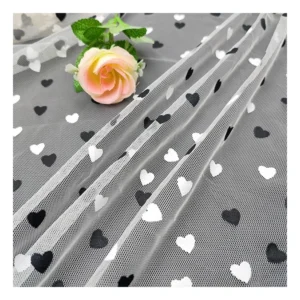 KT005 Black and White Two-Color Digital Printing Heart on 100%Polyester Tulle Mesh Net Fabric - 100% Polyester, 30 gsm, 155...