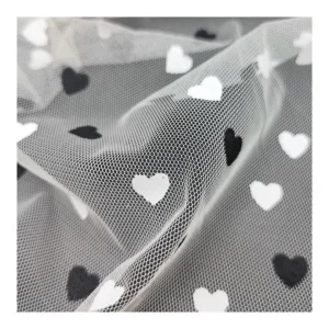 KT005 Black and White Two-Color Digital Printing Heart on 100%Polyester Tulle Mesh Net Fabric - 100% Polyester, 30 gsm, 155...