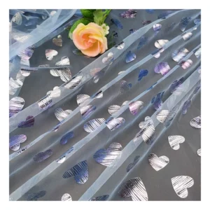 KT008 Valentine's Day Polyester Heart Tulle Fabric Customized Foil Printed Glitter Tulle Heart Fabric for Dress - 100%...