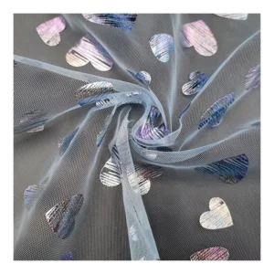 KT008 Valentine's Day Polyester Heart Tulle Fabric Customized Foil Printed Glitter Tulle Heart Fabric for Dress - 100%...