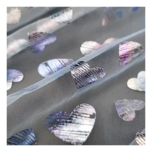 KT008 Valentine's Day Polyester Heart Tulle Fabric Customized Foil Printed Glitter Tulle Heart Fabric for Dress - 100%...