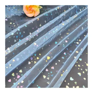 KT13 100% Polyester Solid Blue Tulle Fabric with Heart Color Foil Print Tulle Mesh Fabric for Clothing - 100% Polyester, 19...