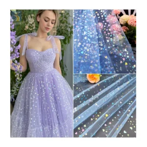 KT13 100% Polyester Solid Blue Tulle Fabric with Heart Color Foil Print Tulle Mesh Fabric for Clothing - 100% Polyester, 19...