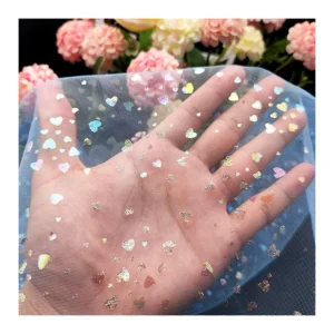 KT13 100% Polyester Solid Blue Tulle Fabric with Heart Color Foil Print Tulle Mesh Fabric for Clothing - 100% Polyester, 19...