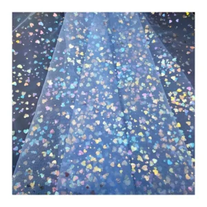 KT13 100% Polyester Solid Blue Tulle Fabric with Heart Color Foil Print Tulle Mesh Fabric for Clothing - 100% Polyester, 19...