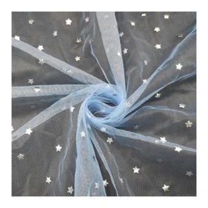 KT14 Sky Blue Soft Polyester Mesh Fabric Tulle with Silver Star Printing Tulle Netting Fabric for Girl's Dress - 100%...