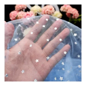KT14 Sky Blue Soft Polyester Mesh Fabric Tulle with Silver Star Printing Tulle Netting Fabric for Girl's Dress - 100%...