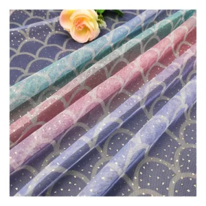 KT17 Digitally Printed Tulle Fabric Fish Scale Color Printing Mesh Fabric Tulle with Gold Glitter Dot - 100% Polyester, 30...