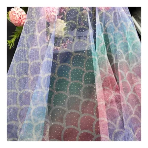 KT17 Digitally Printed Tulle Fabric Fish Scale Color Printing Mesh Fabric Tulle with Gold Glitter Dot - 100% Polyester, 30...