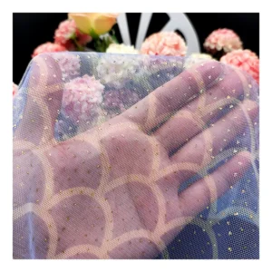 KT17 Digitally Printed Tulle Fabric Fish Scale Color Printing Mesh Fabric Tulle with Gold Glitter Dot - 100% Polyester, 30...