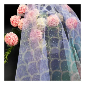 KT17 Digitally Printed Tulle Fabric Fish Scale Color Printing Mesh Fabric Tulle with Gold Glitter Dot - 100% Polyester, 30...