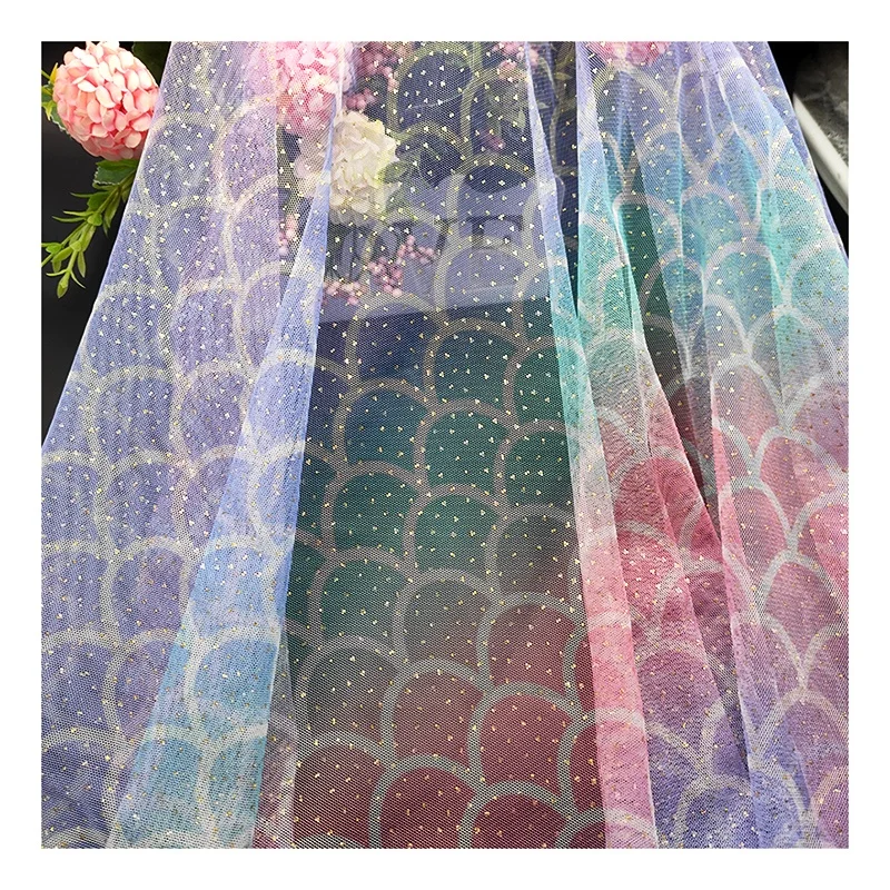 KT17 Digitally Printed Tulle Fabric Fish Scale Color Printing Mesh Fabric Tulle with Gold Glitter Dot - 100% Polyester, 30...