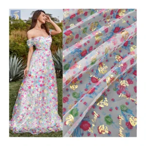 KT20 New Fashion Glitter Rose Flower Gold Printed Tulle Mesh Fabric with Digital Print Floral Tulle - 100% Polyester, 40...