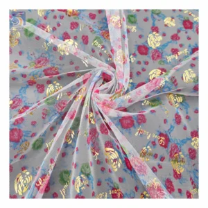 KT20 New Fashion Glitter Rose Flower Gold Printed Tulle Mesh Fabric with Digital Print Floral Tulle - 100% Polyester, 40...