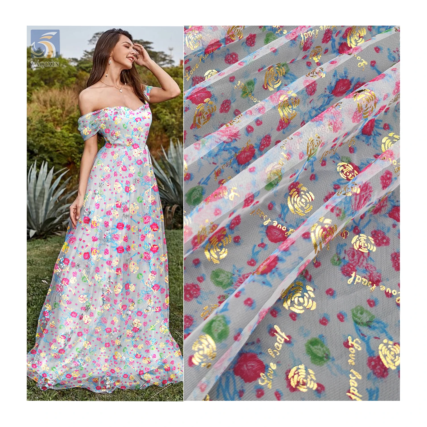 KT20 New Fashion Glitter Rose Flower Gold Printed Tulle Mesh Fabric with Digital Print Floral Tulle - 100% Polyester, 40...