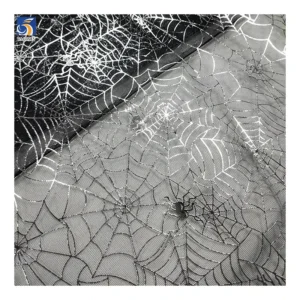 KT38-1 2025 Polyester Spider Web Print Mesh Tulle Glitter Fabric Halloween Fabrics for Clothing - 100% Polyester, 30 gsm...