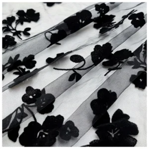 LST009 Custom Florals Flocked Mesh Tulle Fabric 100% Polyester Sexy Black With Beautiful Flowers for Girls' Garments - 100%...