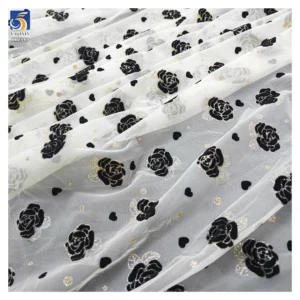 Latest Flashy Tulle Fabric Black Gold Glitter Rose Flowers Flocked Mesh Fabric Tulle 5 Yards High Quality - 100% Polyester...