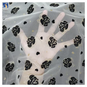 Latest Flashy Tulle Fabric Black Gold Glitter Rose Flowers Flocked Mesh Fabric Tulle 5 Yards High Quality - 100% Polyester...