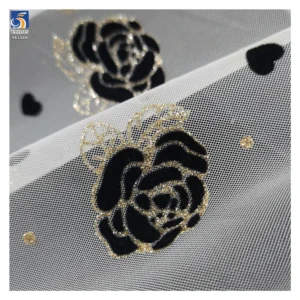Latest Flashy Tulle Fabric Black Gold Glitter Rose Flowers Flocked Mesh Fabric Tulle 5 Yards High Quality - 100% Polyester...