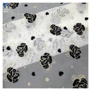 Latest Flashy Tulle Fabric Black Gold Glitter Rose Flowers Flocked Mesh Fabric Tulle 5 Yards High Quality - 100% Polyester...