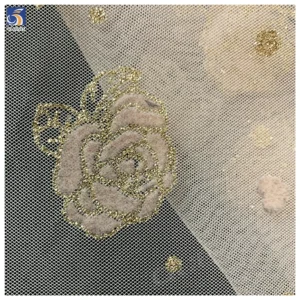 Latest Flashy Tulle Fabric Black Gold Glitter Rose Flowers Flocked Mesh Fabric Tulle 5 Yards High Quality - 100% Polyester...
