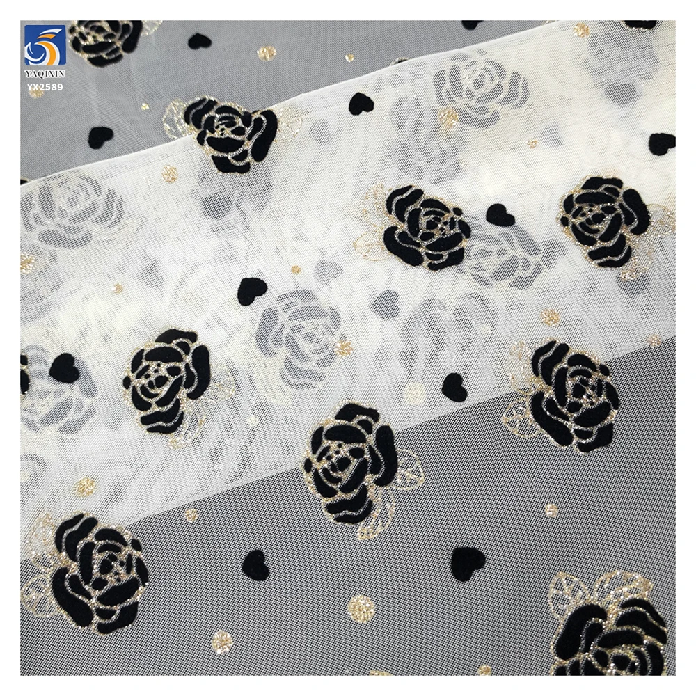 Latest Flashy Tulle Fabric Black Gold Glitter Rose Flowers Flocked Mesh Fabric Tulle 5 Yards High Quality - 100% Polyester...