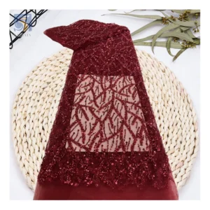 Latest French Burgundy Glitter Lace Fabrics for Women 2025 Beads and Sequins Embroidery Fabric - Polyester, Metallic, 级, 152...