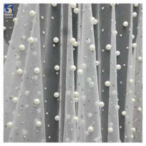 Luxurious Bead Wedding Tulle Mesh Lace Fabric with Pearl Diamond High Quality Handcrafted Dense 3D Beads - 100% Polyester...