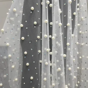 Luxurious Bead Wedding Tulle Mesh Lace Fabric with Pearl Diamond High Quality Handcrafted Dense 3D Beads - 100% Polyester...