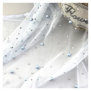 Luxurious Bead Wedding Tulle Mesh Lace Fabric with Pearl Diamond - 100% Polyester, 200 gsm, 150 CM, Mesh, Knitted - Yaqixin...