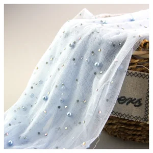 Luxurious Bead Wedding Tulle Mesh Lace Fabric with Pearl Diamond - 100% Polyester, 200 gsm, 150 CM, Mesh, Knitted - Yaqixin...