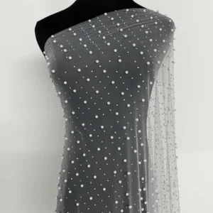 Luxurious Bead Wedding Tulle Mesh Lace Fabric with Pearl Diamond High Quality Handcrafted Dense 3D Beads - 100% Polyester...