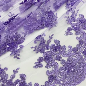 New Arrival Fashion 2025 Floral Purple Embroidery Lace Fabric Sequin Tulle Lace Embroidery Fabric for French - Polyester...