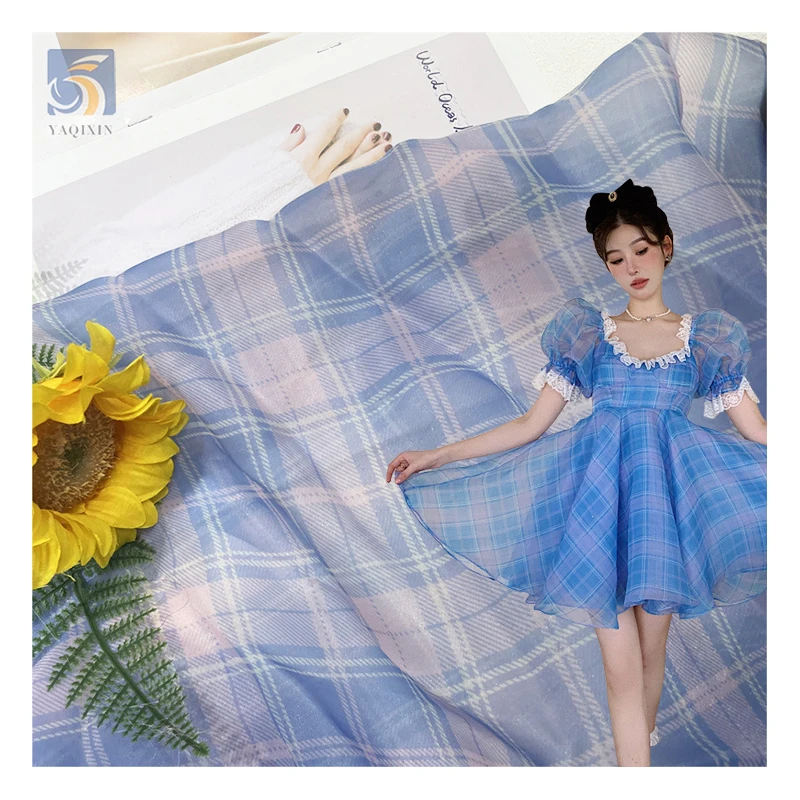New Design Fashion Fabrics Check Printed Organza Fabric Glossy 100 Polyester Organza Printed Plaid Fabric - 100% Polyester...
