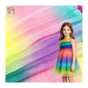 New Design Stiff Organza Rainbow Gradient Fabric Polyester Digital Print Iridescent Organza Fabrics for Clothing
