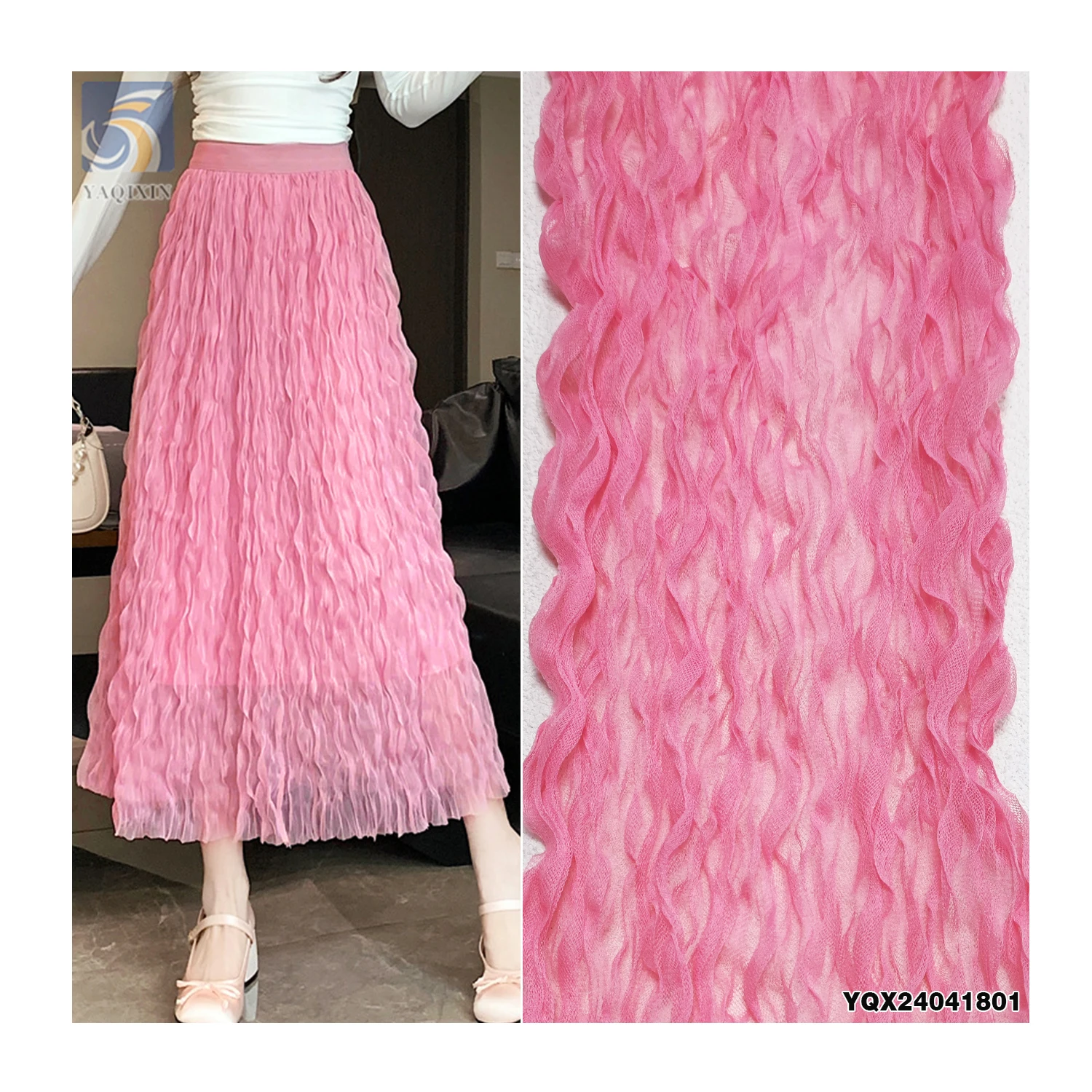 New Fancy Width 45CM Pink Color Polyester Tulle Twist Pleated Tulle Fabric for Veil Dresses - 100% Polyester, 40 gsm, 45 CM...