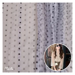 New Fashion Tulle Fabric Stripe Jacquard Mesh Fabric With Black Dotted Printed Tulle Fabric for Ladies Shirts - 100%...