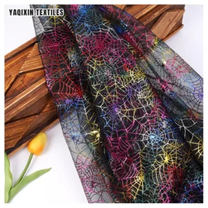 New Pumpkin Bat Spider Web Printed Tulle Mesh Fabric Black Polyester Gold Silver Glitter Print Tulle Fabric Halloween - 100%...