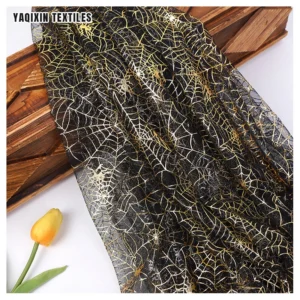 New Pumpkin Bat Spider Web Printed Tulle Mesh Fabric Black Polyester Gold Silver Glitter Print Tulle Fabric Halloween - 100%...