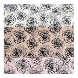 OEM China Manufacturer Custom Organza Fabric Khaki Flocked Rose Flower Pattern Organza Fabric 5 Yards - 100% Polyester, 60...