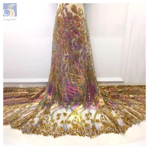 OEM Luxury 2024 African Nigerian Gold Lace Fabric with Big Large Gold Sequin Fabric Dress African Lace Embroidery Fabric...