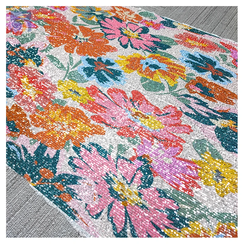 OEM&ODM Custom Colorful Flowers Printed Sequins Fabric Stripe 3mm Glitter Sequin Fabric for Woman Dress - 100% Polyester...