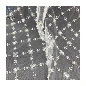 Oriental Beads Embroidery Fabric 100gsm Lace Mesh Embroidery Four-Leaf Clover Pearl Sequin Embroidery Tulle Fabric...
